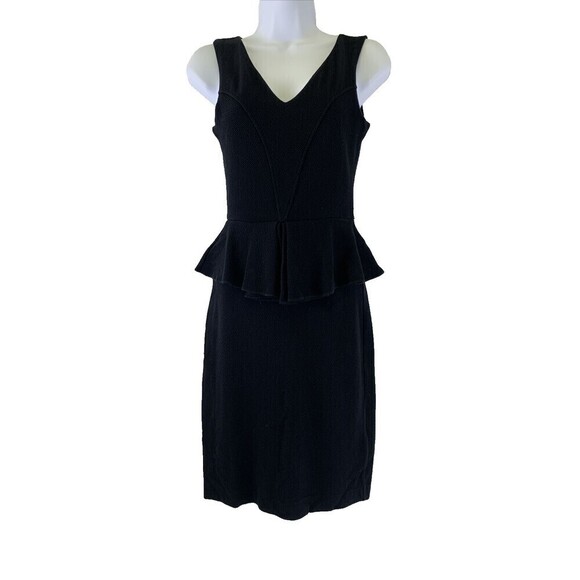 Ganni Peplum Sheath Dress Black Crepe V-Neck Knee Sleeveless Back Zip Womens XS - Picture 1 of 13